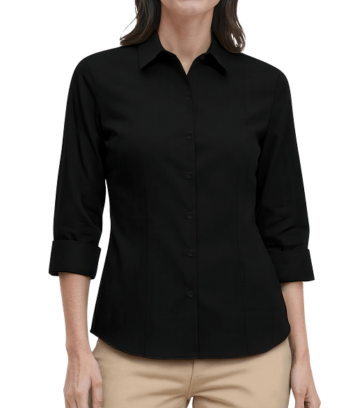 Blue Generation Women’s Fine Line Twill 3/4 Sleeve Shirt - Embroidered in Black