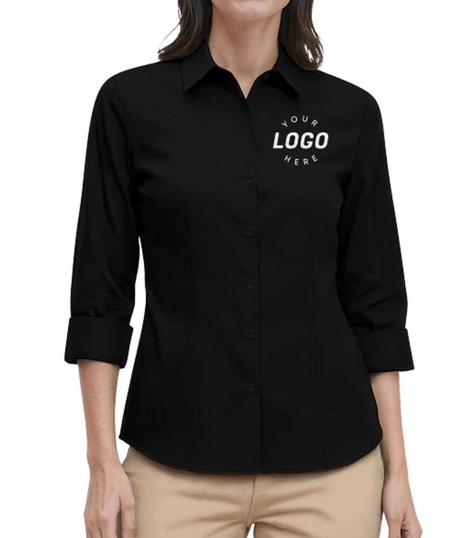 Blue Generation Women’s Fine Line Twill 3/4 Sleeve Shirt - Embroidered in Black