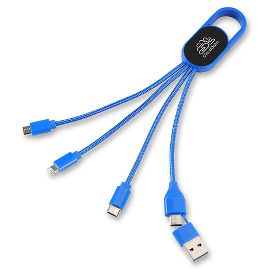 Hex 6-in-1 Light-Up Charging Cable with Carabiner Clip and Recycled Casing in Royal Blue