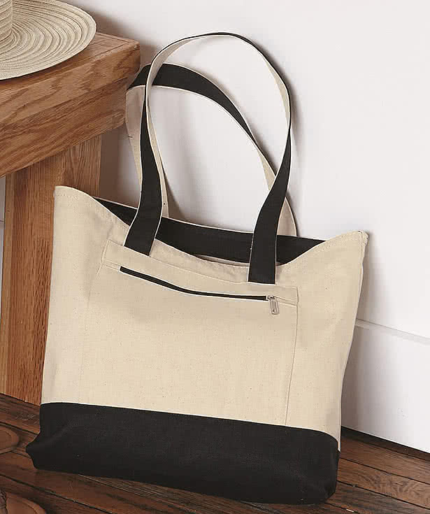 Embroidered Large Front Zipper Cotton Tote Bag