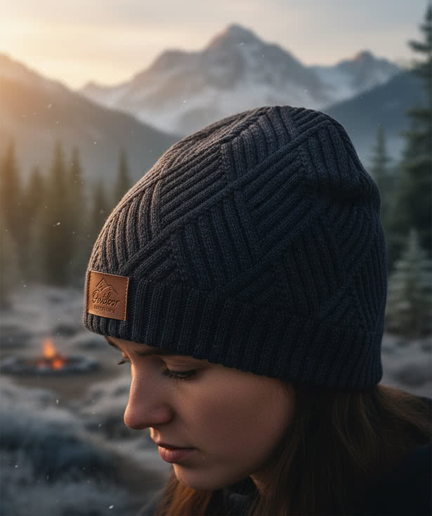 Leeman Trellis Knit Rectangle Patch Beanie - Debossed