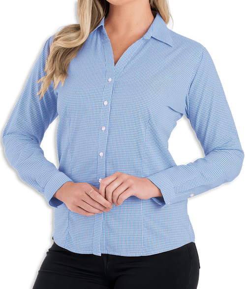Blue Generation Women's Untucked Gingham Long Sleeve Dress Shirt in Light Blue
