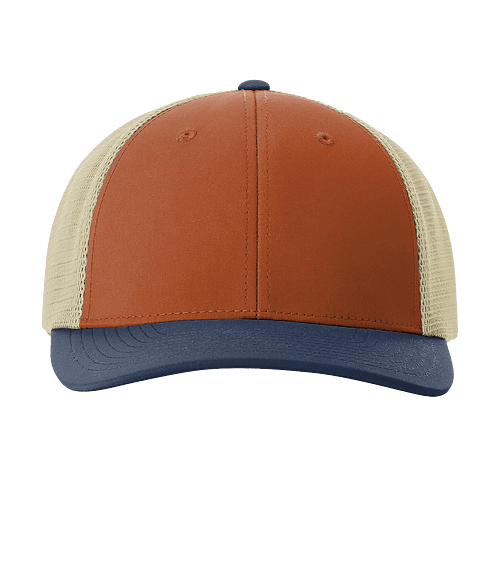 Richardson Hood River Mesh Performance Trucker Hat - Printed in Desert Orange / Light Khaki / Insignia Blue