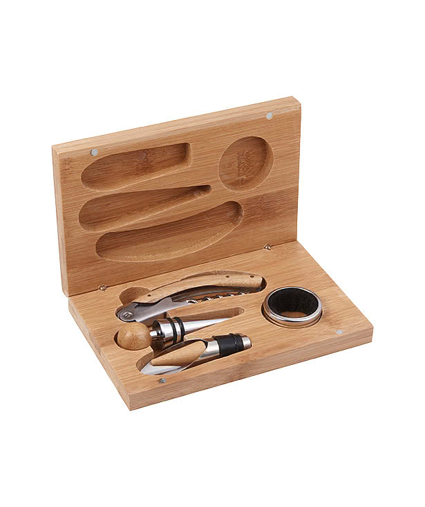 Laser Engraved 4 Piece Bamboo Wine Gift Set