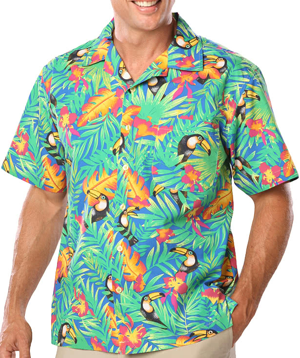 Blue Generation Tucan Print Short Sleeve Camp Shirt - Embroidered