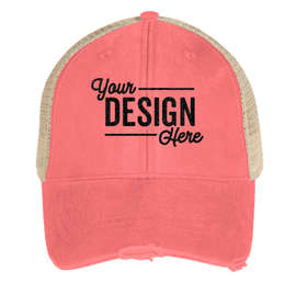 Adams Pigment Dyed Distressed Trucker Hat - Color: Coral / Tan