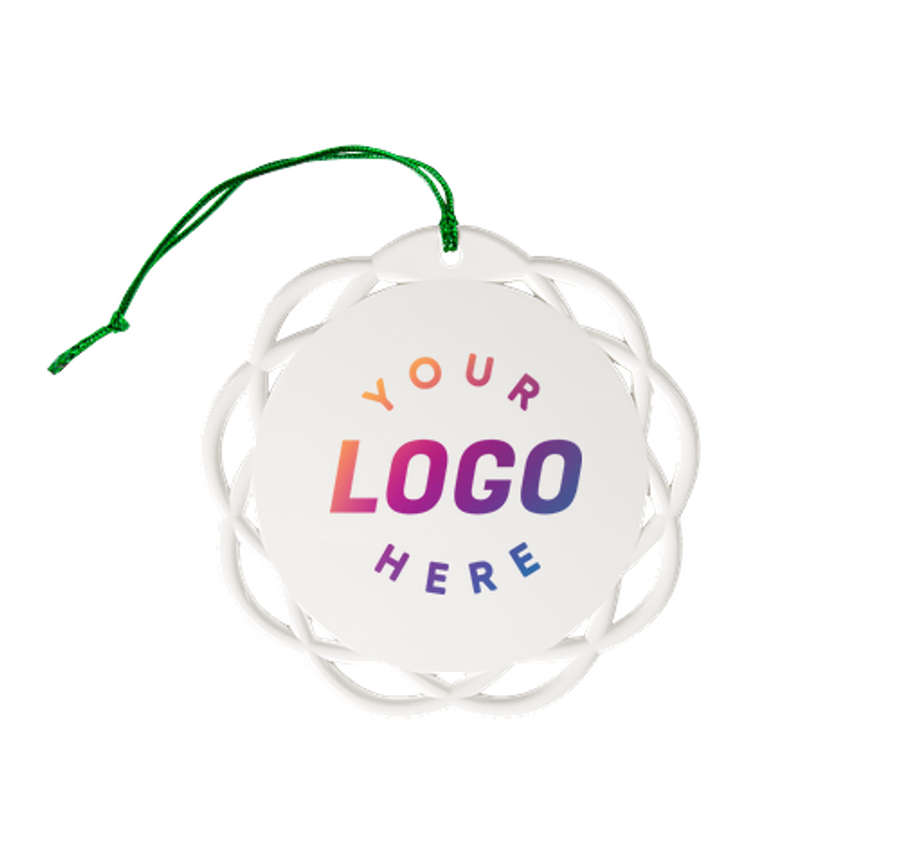 Shatterproof Flat Ornament in White with Green Cord