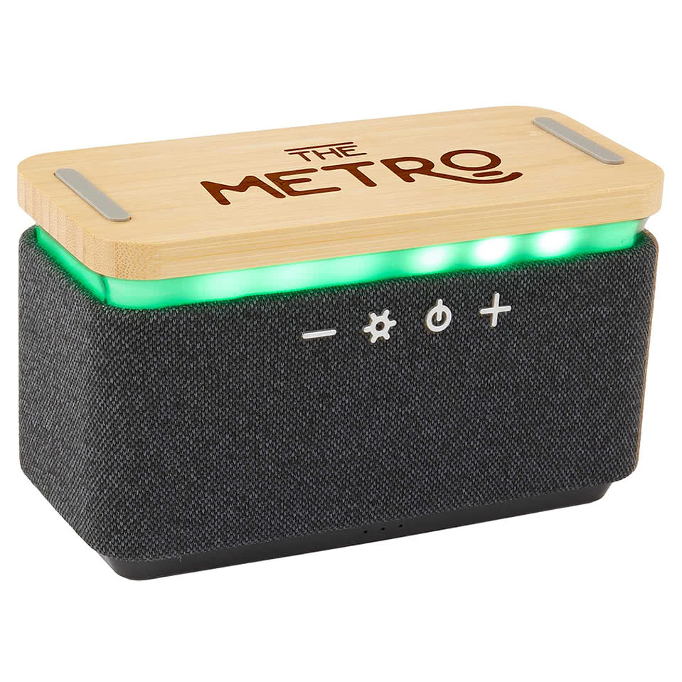 Laser Engraved Boost Fabric and Bamboo Speaker with Wireless Charging Pad