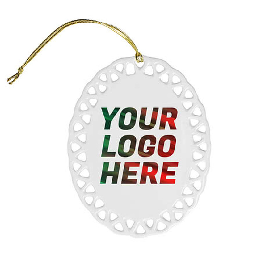 Full Color Vertical Oval Doily Ceramic Ornament in White with Silver Cord