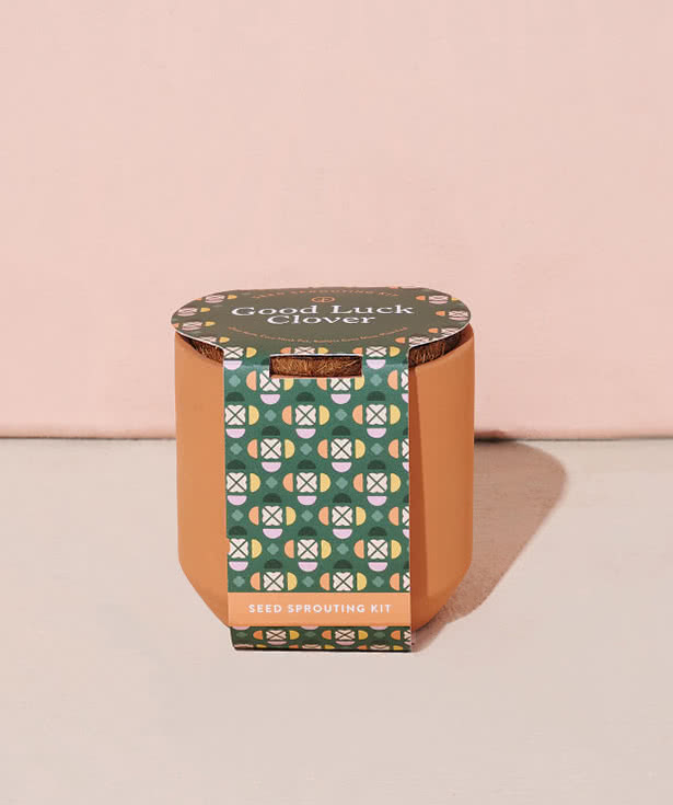 Laser Engraved Modern Sprout Tiny Terracotta Good Luck Clover Grow Kit