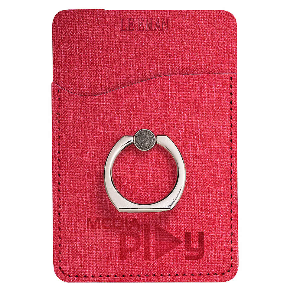 Debossed Leeman RFID Phone Pocket with Metal Ring Stand