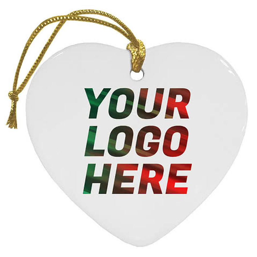 Full Color Heart Ceramic Ornament in White with Gold Cord