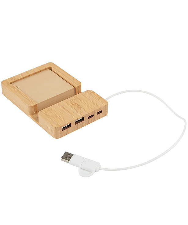 Laser Engraved Bamboo 4-Port USB Hub with Phone Holder and Sticky Notes
