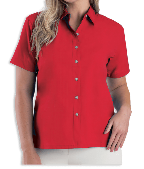 Blue Generation Women's Superblend Poplin Short Sleeve Dress Shirt - Embroidered in Red